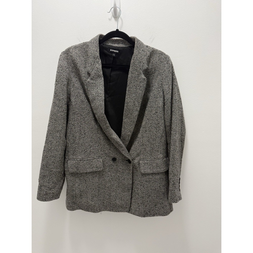 Express Women's Size L Herringbone Wool Blend Blazer Double Breasted Gray Black
